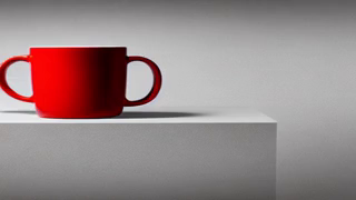 Fotograma de la escena base: una taza roja apoyada sobre un pedestal blanco, con fondo gris y sombra proyectada a la derecha.