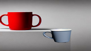 El mismo fotograma con una segunda taza celeste añadida en primer plano, delante y a la derecha de la taza roja, que permanece igual.